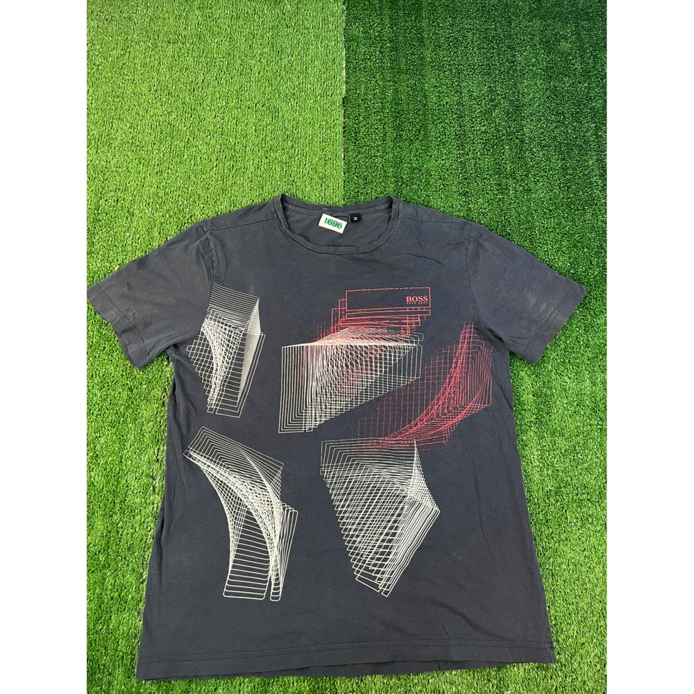 Hugo Boss Mens Graphic T-Shirt Gray Geometric Abstract Print Cotton Tee Size L